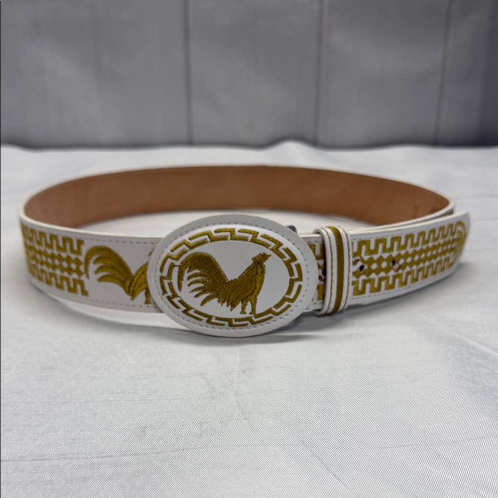 YAC White and Gold Leather and Silk Rooster Design Western Cowboy Belt Size 38 - Picture 2 of 6